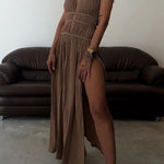Chic slit braided lace-up cotton and linen dress