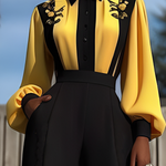Long Sleeves Loose Buttoned Contrast Color Flower Print Split-Joint Lapel Blouses&Shirts Tops