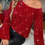 Fashionable Sequined Long-sleeved Off-neck Casual Top