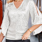 Solid Color Sequined V-neck Hollow Sleeve Slim Fit Top