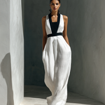 Women's White Linen Blend Maxi Dress With Black Contrasting Paneling
