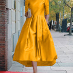 A-Line Loose Pleated Pockets Solid Color Split-Joint Round-Neck Midi Dresses