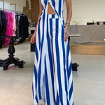 Striped Print Off-Shoulder Long Casual Top and Loose Pocket Straight Pants Set