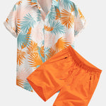 Leaf Print Button Up Shirt & Man Mid Length Drawstring Swim Shorts