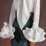 Flared Sleeves Long Sleeves Buttoned Falbala Solid Color Stand Collar Blouses&Shirts Tops