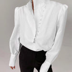 Long Sleeves Loose Solid Color Split-Joint High-Neck Blouses