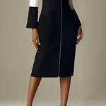 Long Sleeves Contrast Color Split-Joint Zipper Stand Collar Midi Dresses