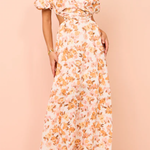 Elastic puff sleeves pleated waist back hollow sweet long skirt