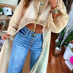 Solid Color Semi-transparent Stand Collar Lantern Sleeve High-low Long Top