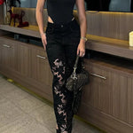 Fashionable Openwork Lace Patchwork Wide-leg Jeans