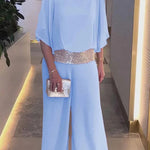 Stylish Sequin Patchwork Dolman Sleeve Top and Elastic Waist Wide Leg Pants Set