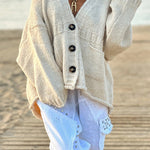 Solid Color Loose Long Sleeve V-neck Pocket Knitted Sweater Cardigan