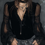 Vintage Henley Collar Sheer Sleeves Lace Trim Polyester Velvet Blouse