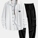 Waffle Button Up Shirt & Drawstring Corduroy Cargo Jogger Pants