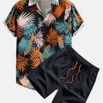 Leaf Print Button Up Shirt & Man Mid Length Drawstring Swim Shorts