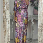 Satin Floral Print V-neck Half-sleeve Loose Top and Elegant Maxi Skirt Set