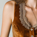 Caramel Velvet Embroidered Lace Trim Vest