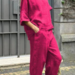 Casual Solid Color Crewneck Top & Pants Cotton Linen Two-piece Set