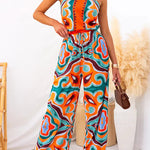 Oh So Chic Satin Ethnic Abstract Print Satin Elastic Waist Pocketed Wide Leg Pants