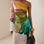 Long Sleeves Loose Asymmetric Flower Print One-Shoulder Maxi Dresses