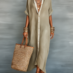 Women's Minimalist Linen Blend Short-sleeved Shirt Maxi Dress