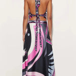 Satin Unique Print Halter Top and Irregular Midi Skirt Set