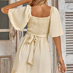 V-neck solid color waist ruffled summer dress