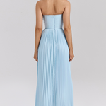 Strapless Cinch Waist Pleated Maxi Dresses-Blue [Pre Order]