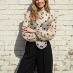 Long Sleeves Loose Buttoned Elasticity Polka-Dot Ruffle Trim See-Through V-Neck Blouses&Shirts Tops