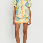 Giselle Linen Blend Floral Print Short Sleeve Shirt and Zipper Mini Skirt Set