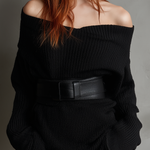 Women's Elegant Black Knitted V-neck Off-the-shoulder Long And Short Dress