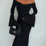 Solid Color Sexy Off-shoulder Trumpet Sleeve Slim Midi Dress