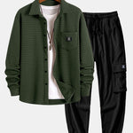 Waffle Button Up Shirt & Drawstring Corduroy Cargo Jogger Pants