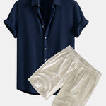 Waffle Button Up Shirt & Linen Cotton Blend Drawstring Shorts