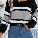Striped Contrasting Metal Buckle Loose Long-sleeved Knitted Sweater
