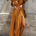 Linen Blend Elastic Waist Halter Backless Pocket Slit Midi Dress
