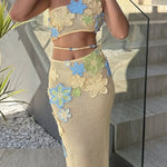Luxe Knit Crochet Handmade Flower Beaded Waist Stretch Maxi Skirt