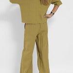 Linen Blend Solid Color Casual Round Neck Top and Loose Wide-leg Pants Set