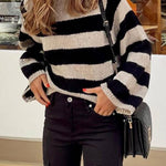 Black and white wide striped high-neck loose knit sweater