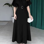 Loose Raglan Sleeve Pleated Split-Front Split-Joint Tied Waist Round-Neck Maxi Dresses