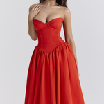 Strapless Corset Pleated Hem Prom Party Midi Dresses-Red