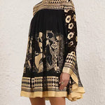 A-Line Long Sleeves Bronzing Printed Split-Joint Mock Neck Mini Dresses