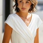 Loose Short Sleeves Asymmetric Pleated Solid Color Split-Joint V-Neck T-Shirts Tops