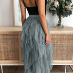 Fashionable solid color puffy mesh high waist slimming skirt