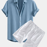 Waffle Button Up Shirt & Linen Cotton Blend Drawstring Shorts