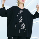 Embroidered Black&White Loose Round-Neck T-Shirt