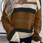 Peach Blossom Striped Pattern Knit V Neck Sweater
