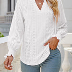 Solid color hollowed out gathered ruffle sleeve V-neck loose long-sleeved top