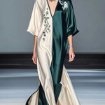 Half Sleeves Loose Contrast Color Flower Print V-Neck Maxi Dresses