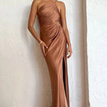 One Shoulder High Slit Ruched Evening Gown Cami Maxi Dress